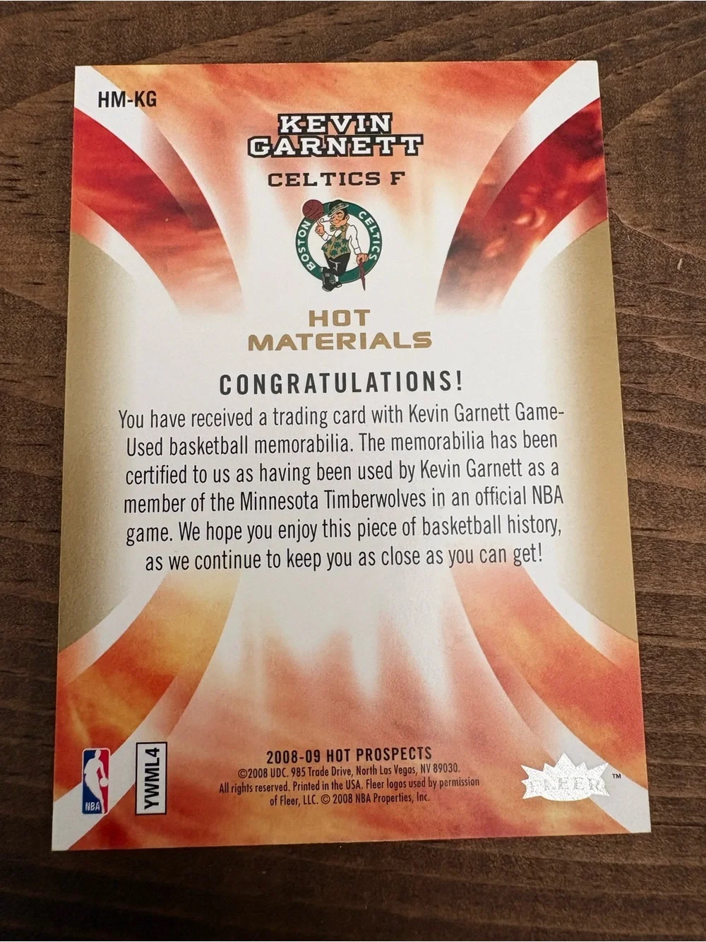 2008-09 Fleer Kevin Garnett Game Used Jersey “Hot Prospects” Boston Celtics
